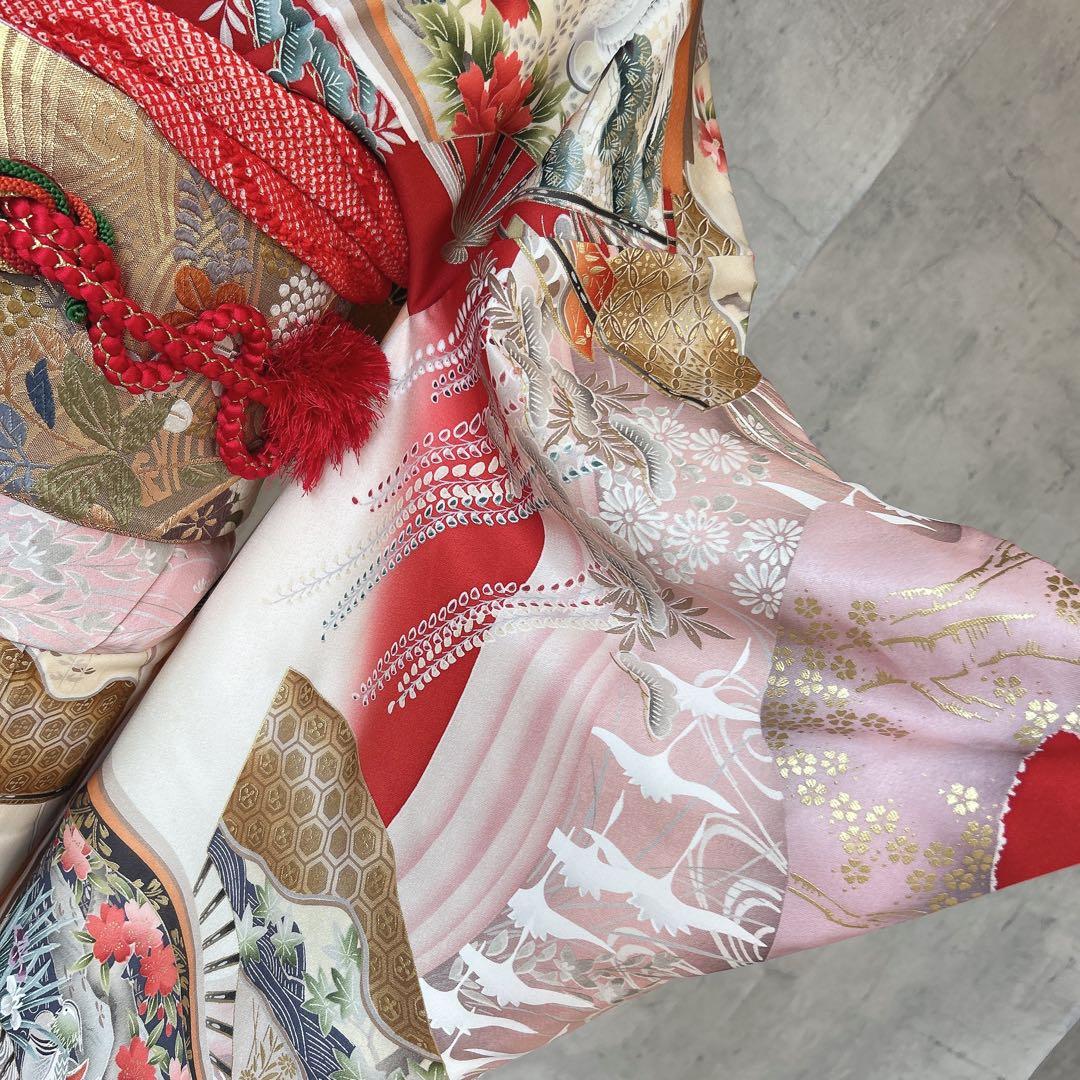 特価　振袖　フルセット　正絹　赤　古典柄　成人式
