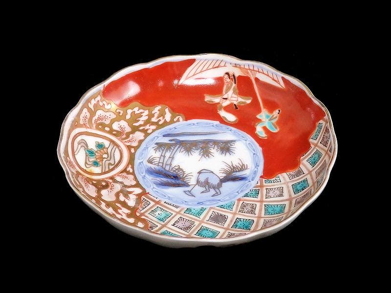 古伊万里　色絵　傘美人に筍掘りの図　４寸皿　５枚　A697AS-BZq