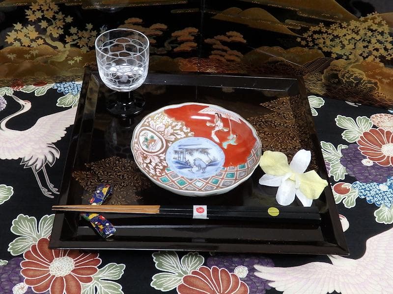 古伊万里　色絵　傘美人に筍掘りの図　４寸皿　５枚　A697AS-BZq