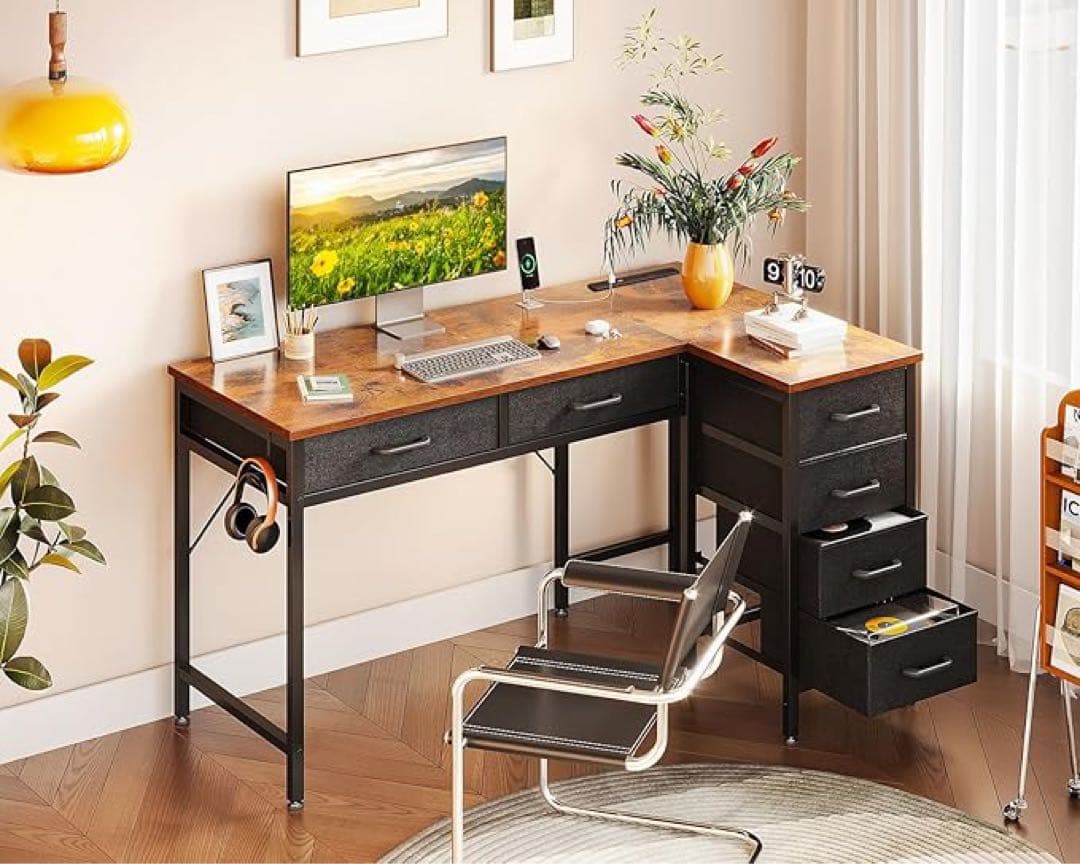 12/16迄L字デスク 引き出6杯付き 幅106cmコンセント付き 右棚左棚