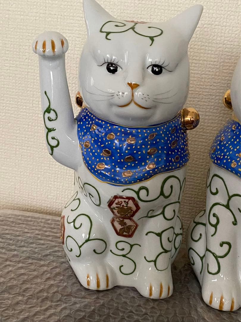 伊万里招き猫陶器開運 縁起物置物商売繁盛 一対