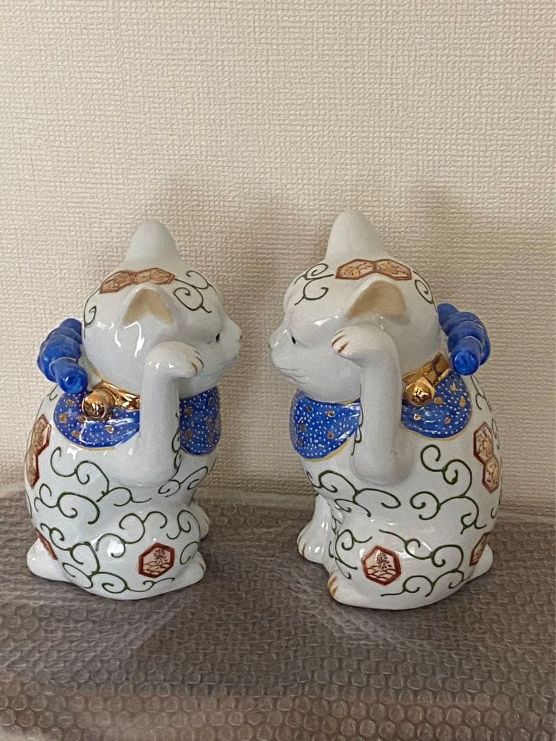 伊万里招き猫陶器開運 縁起物置物商売繁盛 一対