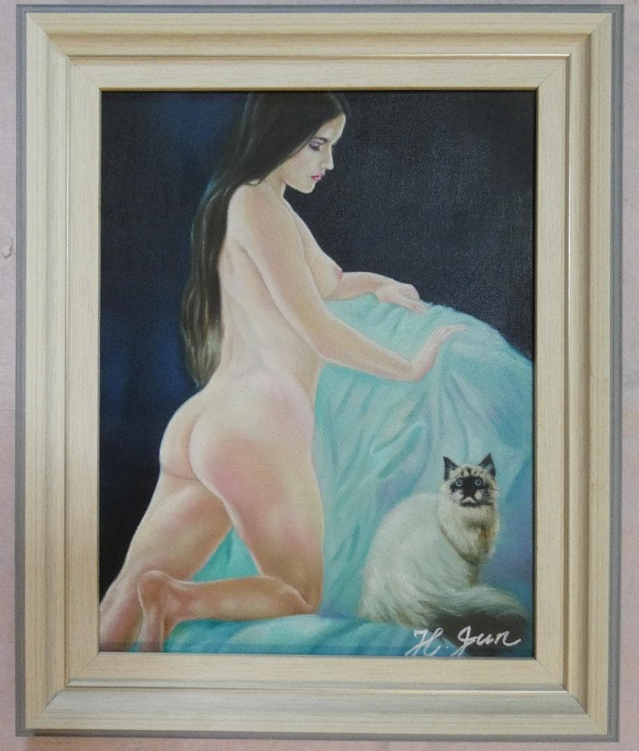 油絵　額付き　浜辺順　F6 【　ネコ　】手描き　肉筆