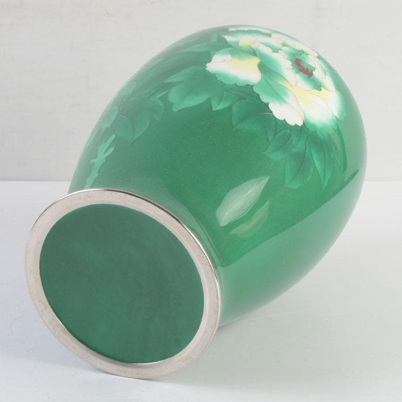 七宝焼　緑釉　牡丹文　花瓶　唐木台付　V　9324