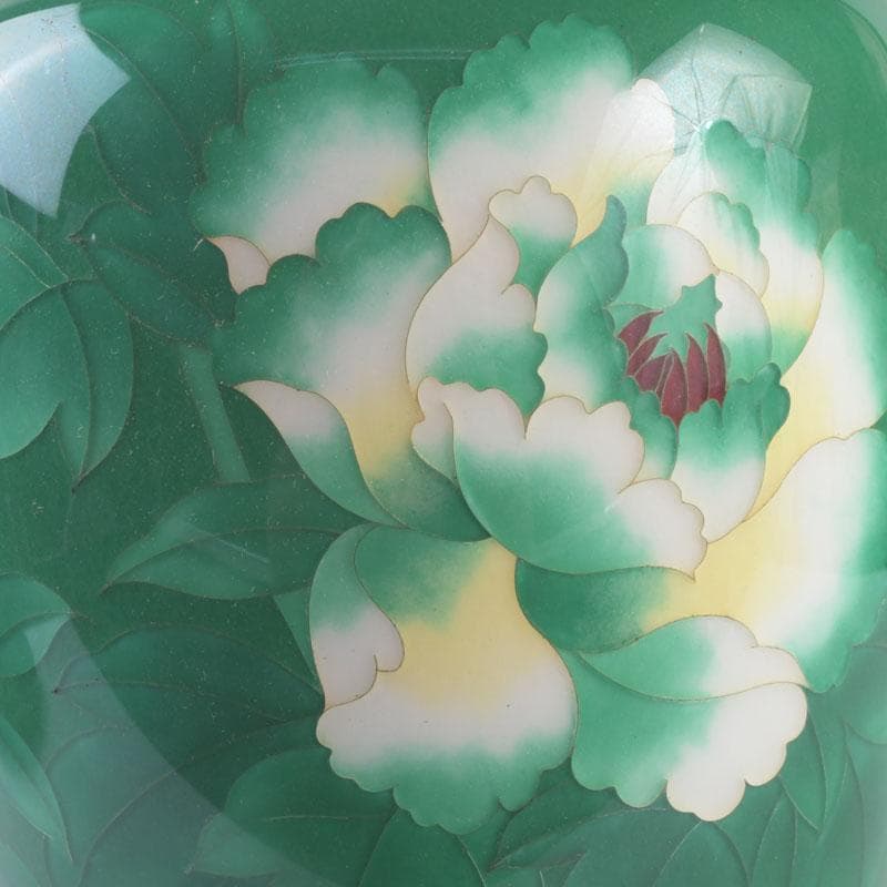 七宝焼　緑釉　牡丹文　花瓶　唐木台付　V　9324