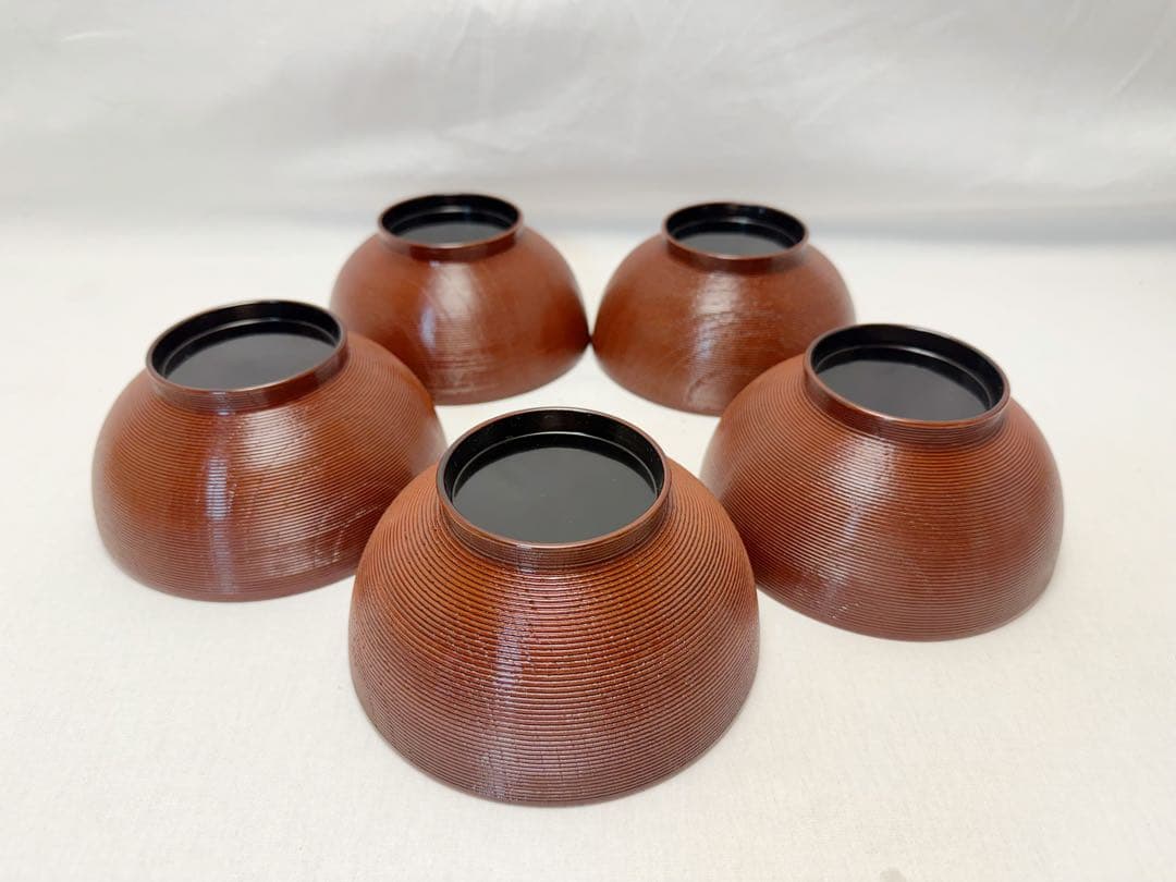 ほぼ未使用 懐石道具 天然木製 本漆塗 千筋 雑煮椀 5客揃 溜塗 内黒 共箱