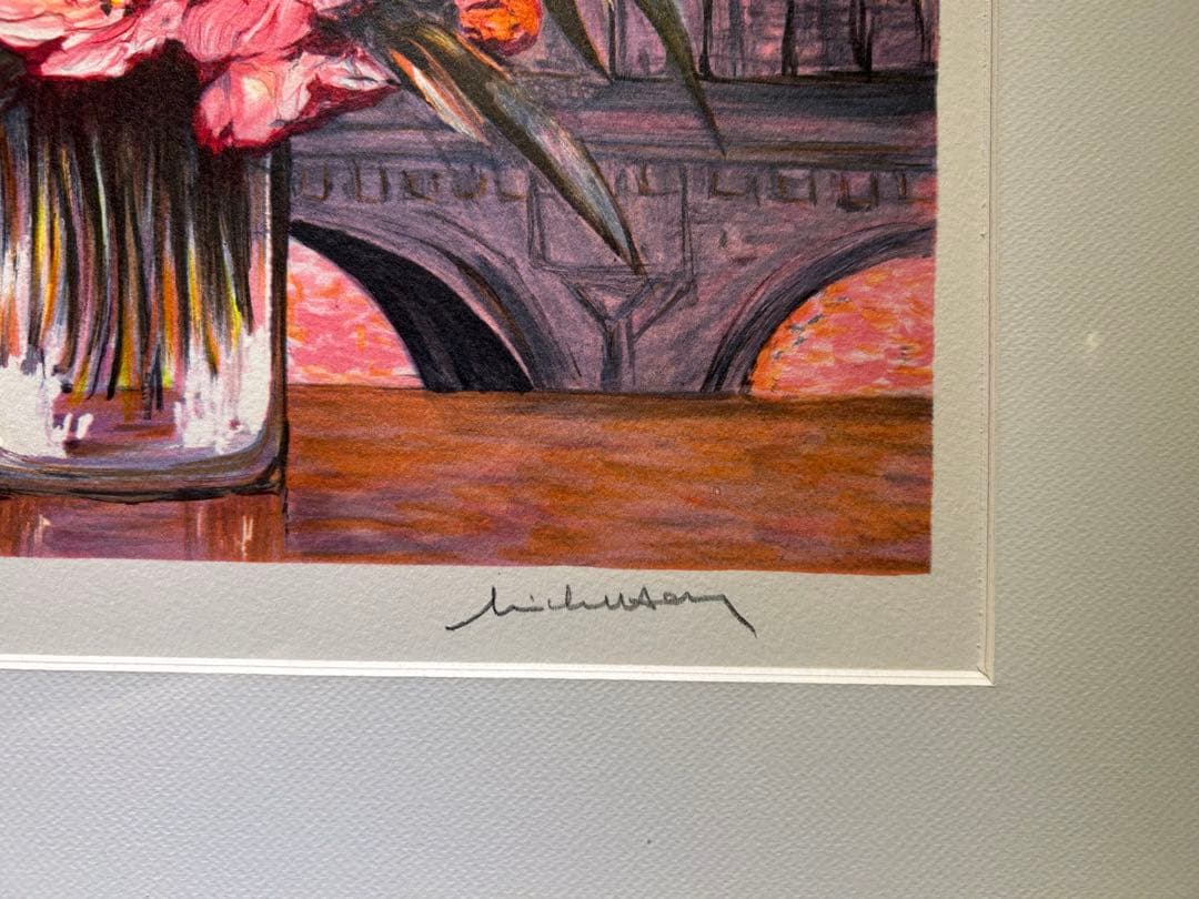 ミシェルアンリ　花束とノートルダム寺院　リトグラフ