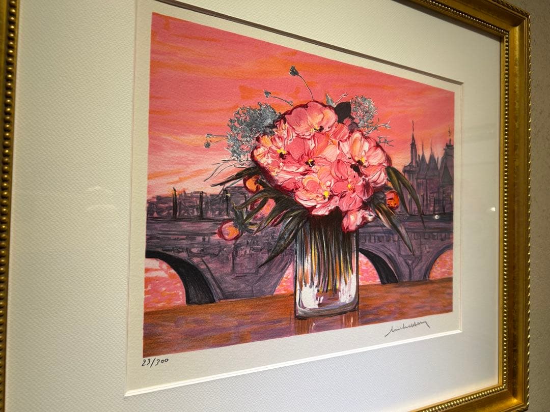 ミシェルアンリ　花束とノートルダム寺院　リトグラフ