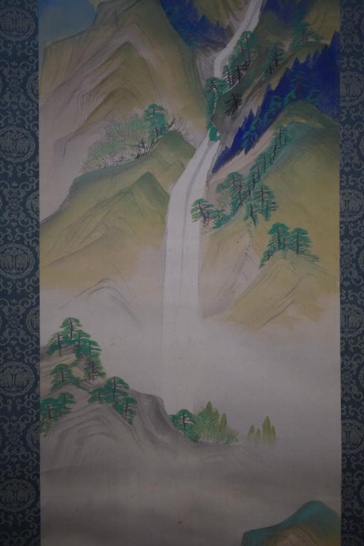 真作/大関禹江/夏景山水図/山水家図/渓流滝図/渓流瀧図/布袋屋掛軸HI-942