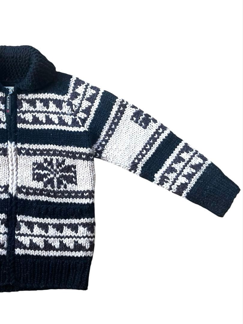 ▪️カナダ製Kanataカナタ ネイティブ柄カウチンニットカーディガンM黒