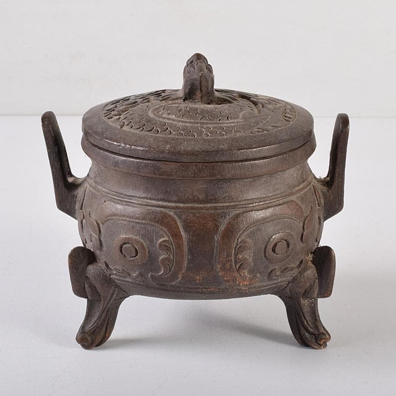 中国　古竹彫刻　獣摘饕餮文　香炉　鼎　V　R8107