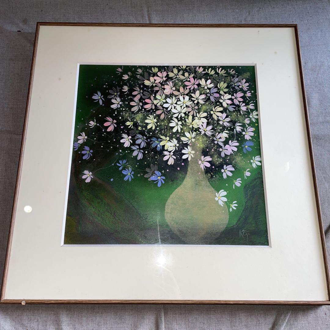 希少　コスモス画家　 荒木幸史　Koji　サインあり　ガラス　額装　絵画　静物画