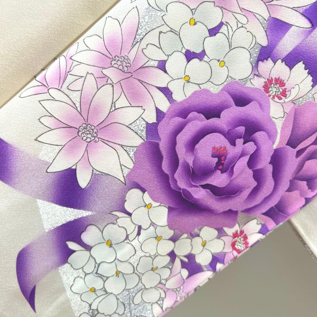 415 振袖フルセット 正絹 オフホワイト 紫 銀彩 たたき染め 暈し染め 比翼