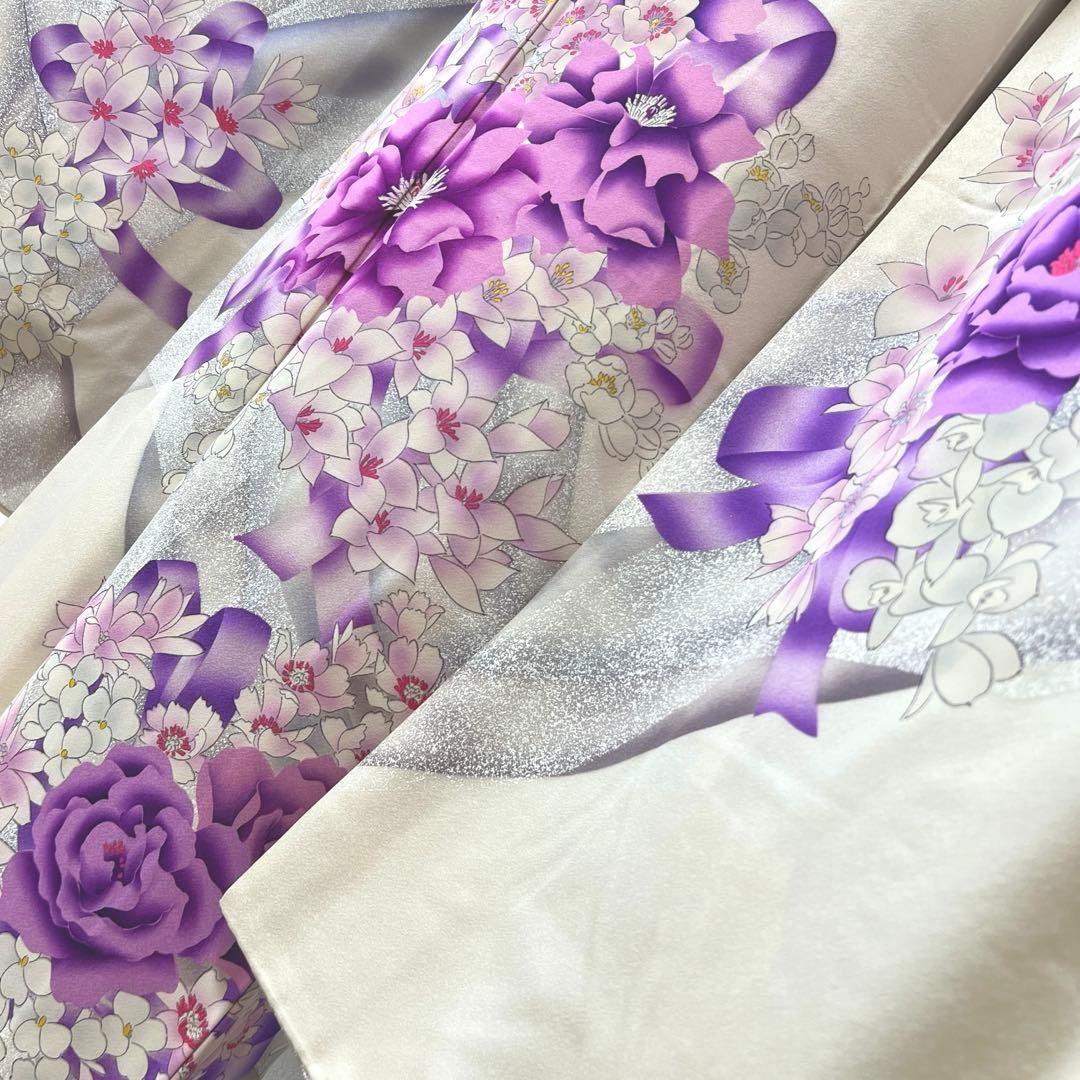 415 振袖フルセット 正絹 オフホワイト 紫 銀彩 たたき染め 暈し染め 比翼