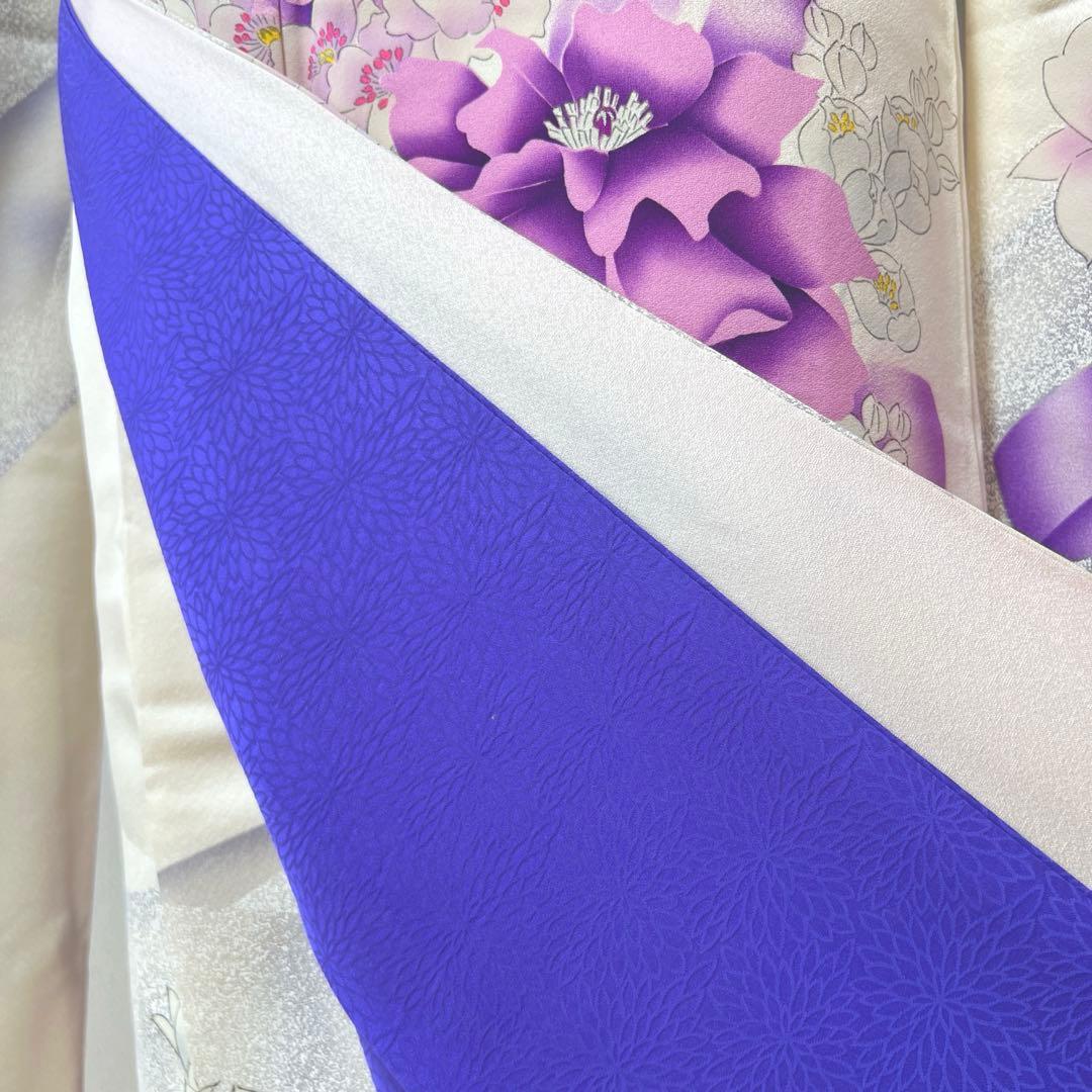 415 振袖フルセット 正絹 オフホワイト 紫 銀彩 たたき染め 暈し染め 比翼