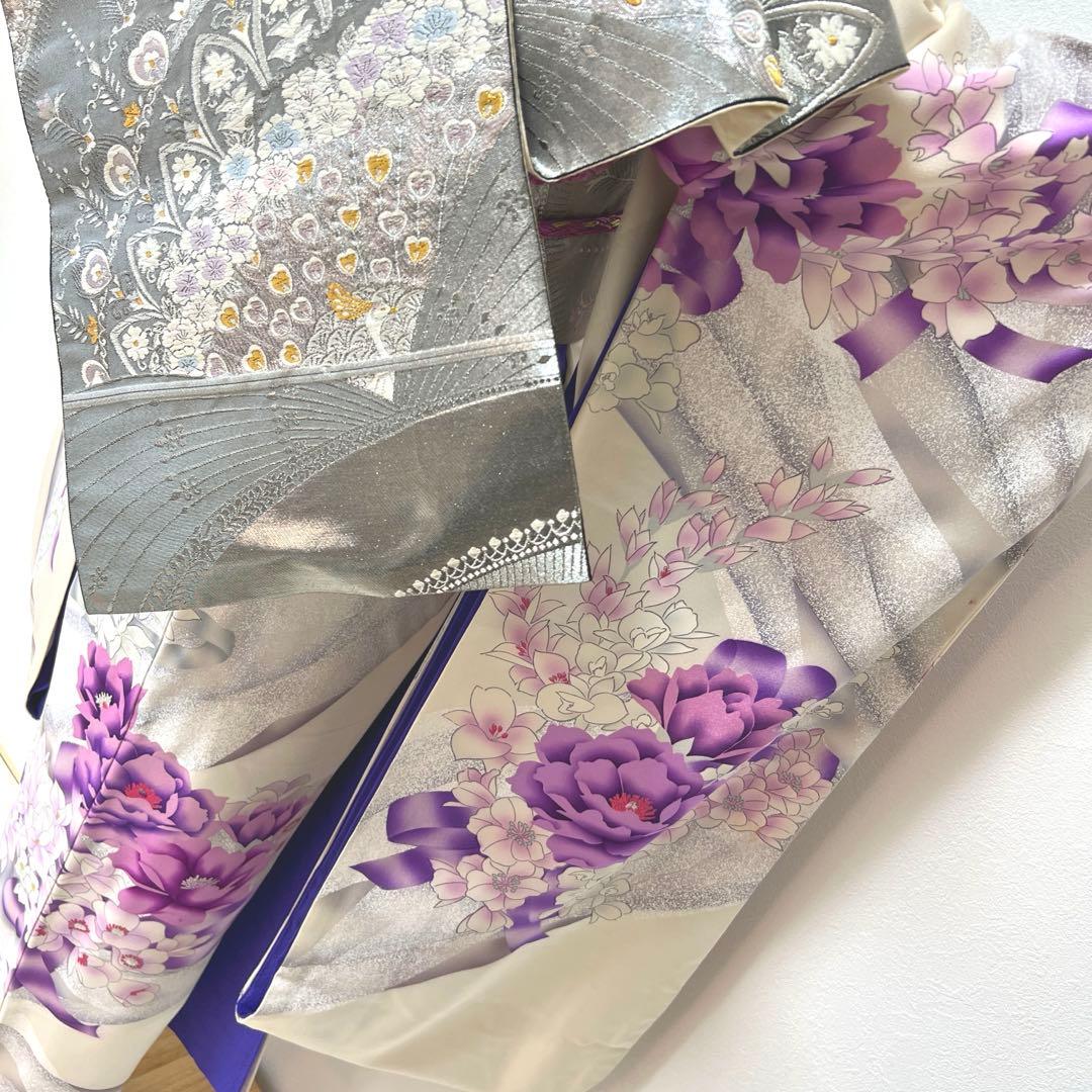 415 振袖フルセット 正絹 オフホワイト 紫 銀彩 たたき染め 暈し染め 比翼