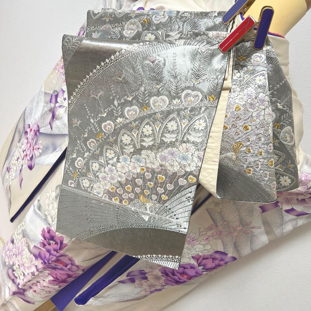 415 振袖フルセット 正絹 オフホワイト 紫 銀彩 たたき染め 暈し染め 比翼