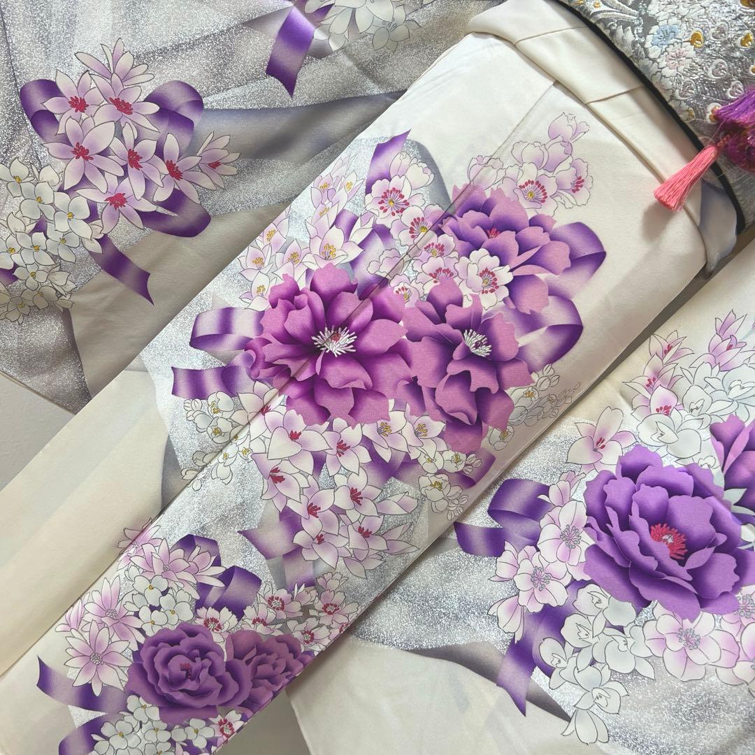415 振袖フルセット 正絹 オフホワイト 紫 銀彩 たたき染め 暈し染め 比翼