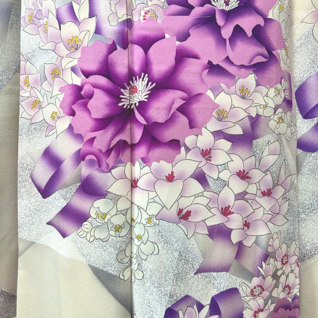 415 振袖フルセット 正絹 オフホワイト 紫 銀彩 たたき染め 暈し染め 比翼