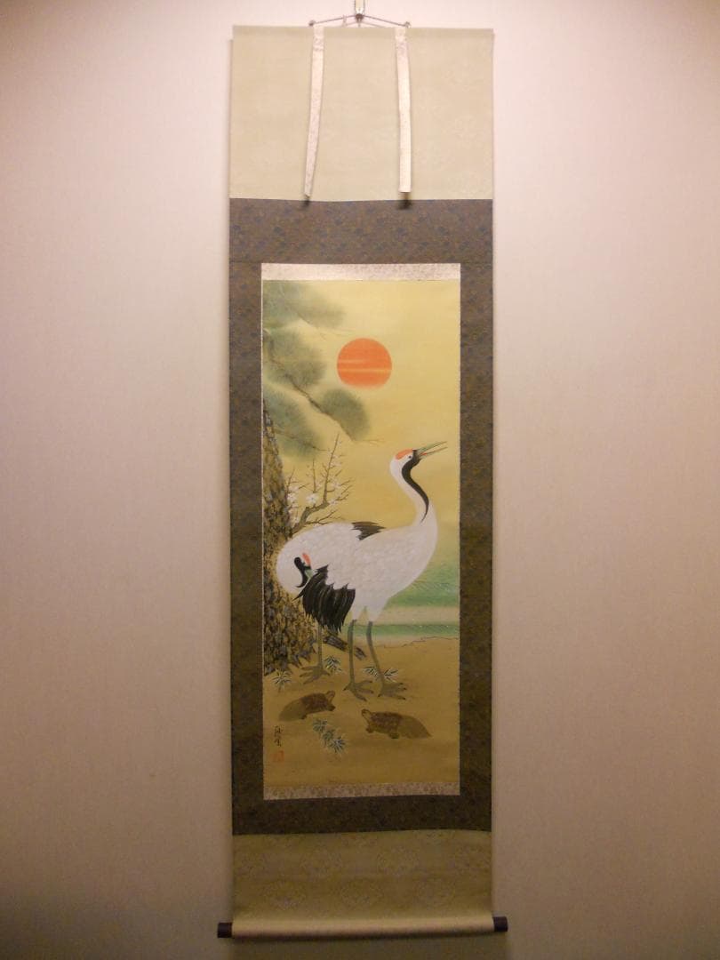 掛け軸 渓雲 老松鶴 絹本 希少 軸装 茶道具 掛軸 美品 です。