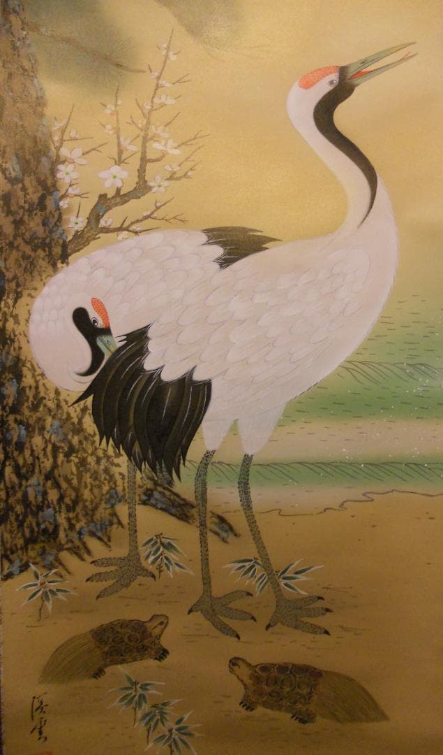 掛け軸 渓雲 老松鶴 絹本 希少 軸装 茶道具 掛軸 美品 です。