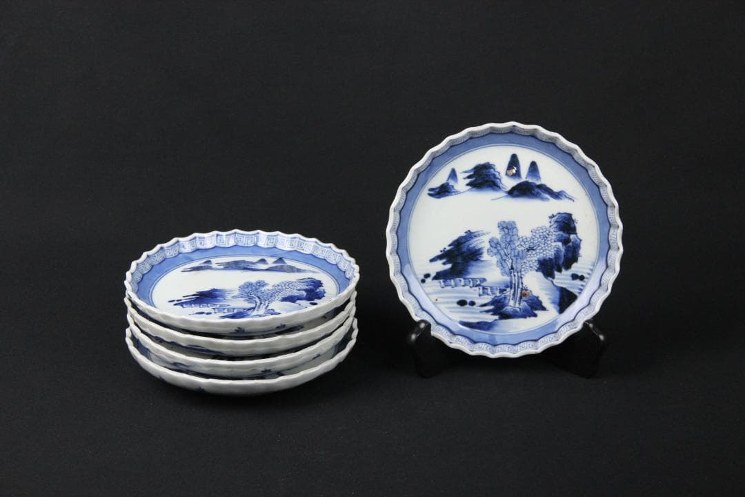 古伊万里 染付 山水図 五枚組 小皿 菓子皿 風景絵 江戸～明治期 Eo21-6