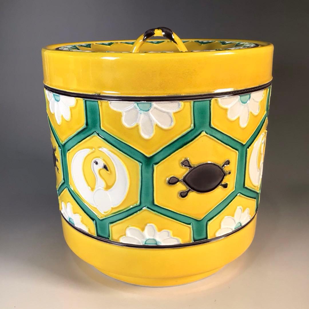 Ｍ４４７　水指　『平安　高野清鳳造』『黄交趾』『亀甲鶴亀文』　共箱　茶道具