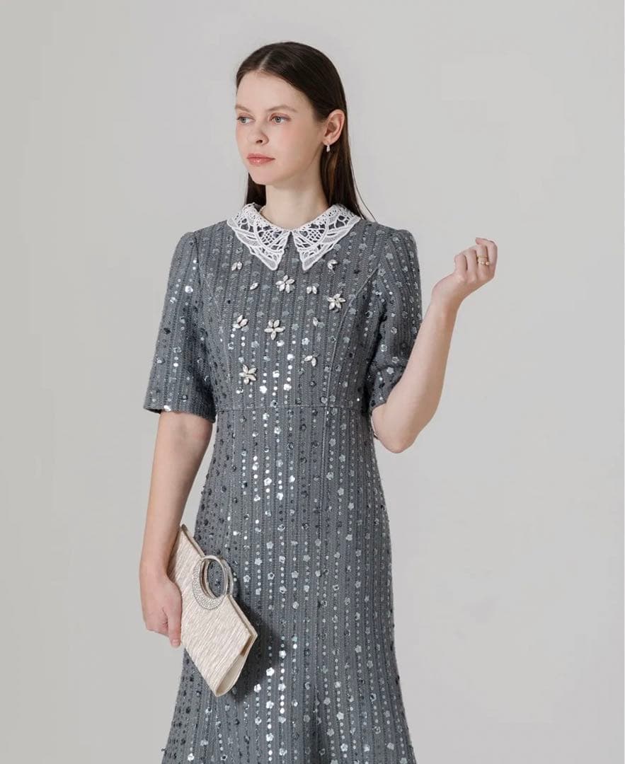 Leja 花柄ビジュー付きスパンコールフレアマーメイド　ドレスワンピース　ドレス