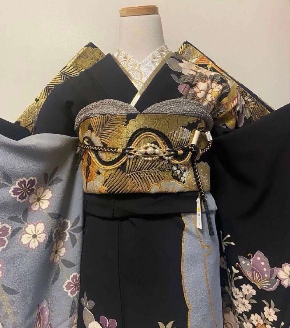 振袖フルセット　花蝶文　成人式　振袖　ゴールド　黒　正絹　振袖6点セット 豪華