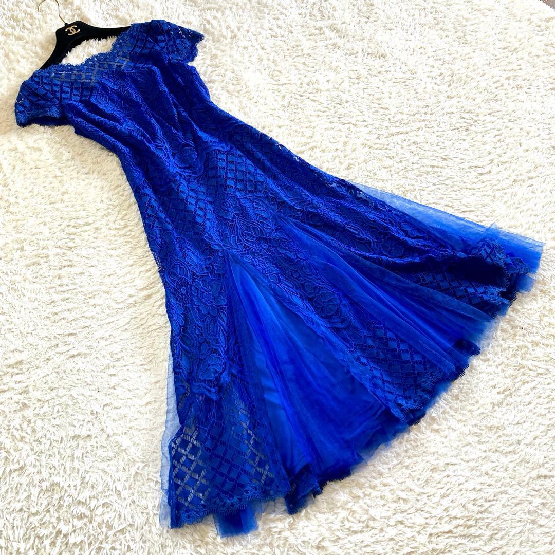 【美品】タダシショージ ロイヤルブルー フラワーレースワンピース カクテルドレス