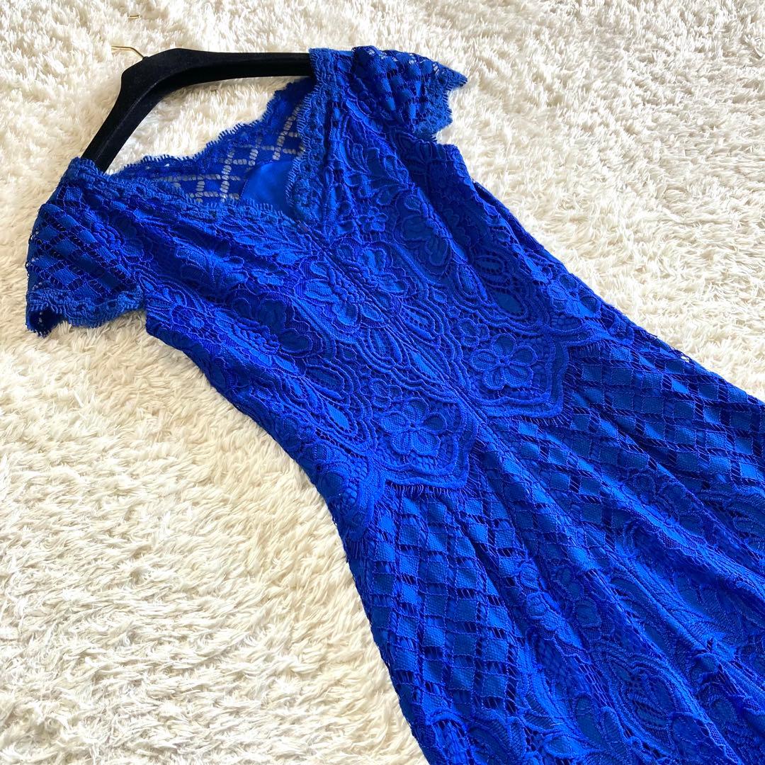 【美品】タダシショージ ロイヤルブルー フラワーレースワンピース カクテルドレス