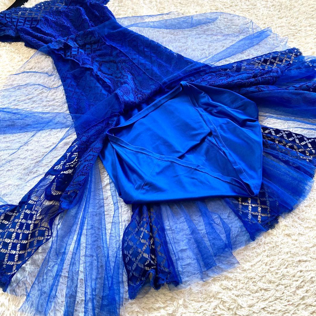 【美品】タダシショージ ロイヤルブルー フラワーレースワンピース カクテルドレス