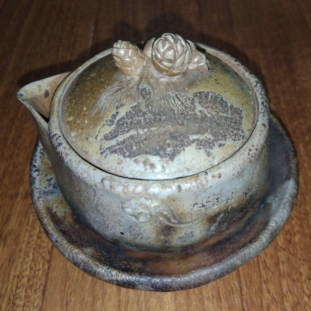 【レア】宝瓶 木村春芳作 備前焼 陶器製急須 松ぼっくり 茶托付き 宝瓶台付き