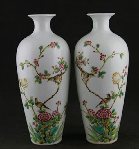 大清乾隆手絵パステル花鳥紋梅瓶一対作り古仿古瓷古玩骨董コレクション復古置物