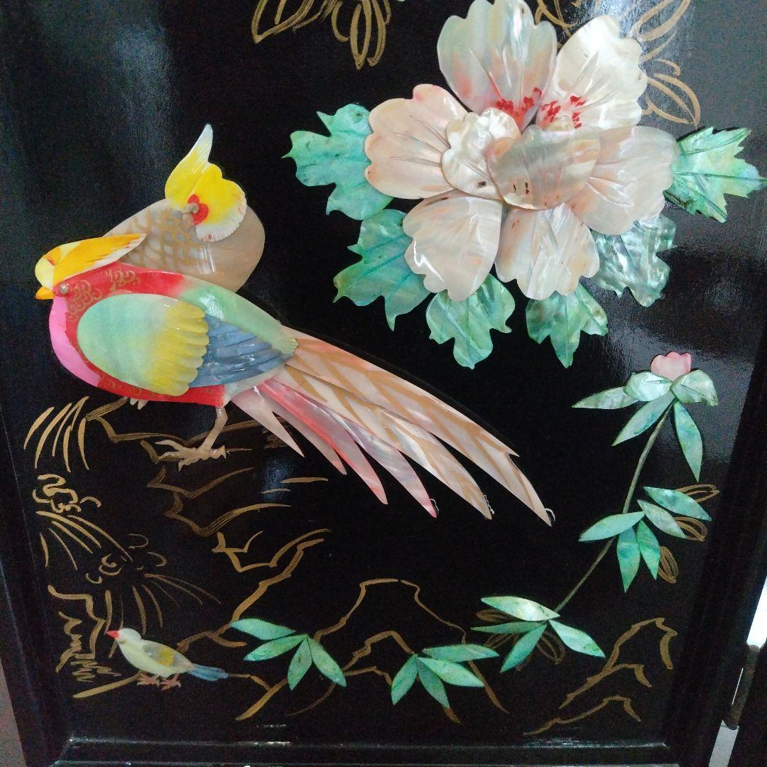 美品！骨董品 アンティーク 漆塗り 艶やか貝細工 花鳥風月 パーティション 屏風