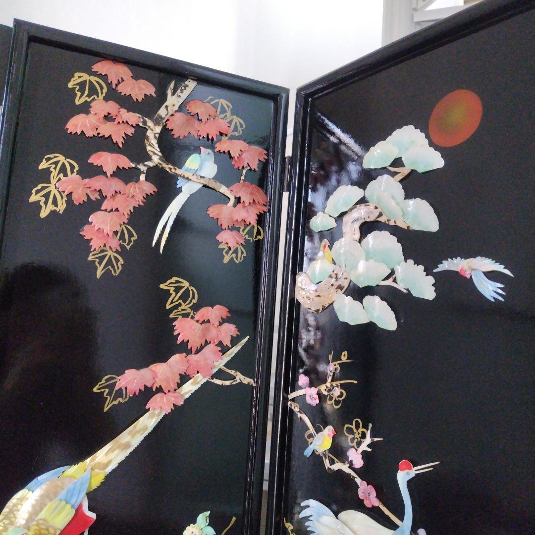 美品！骨董品 アンティーク 漆塗り 艶やか貝細工 花鳥風月 パーティション 屏風