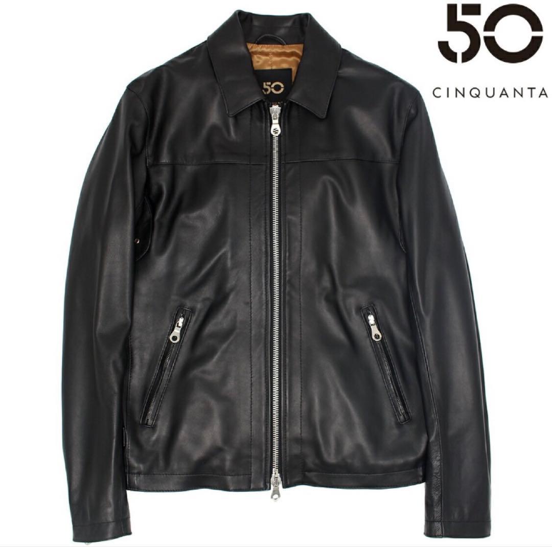 CINQUANTA チンクアンタ ナッパレザー 襟付 シングルライダース黒44