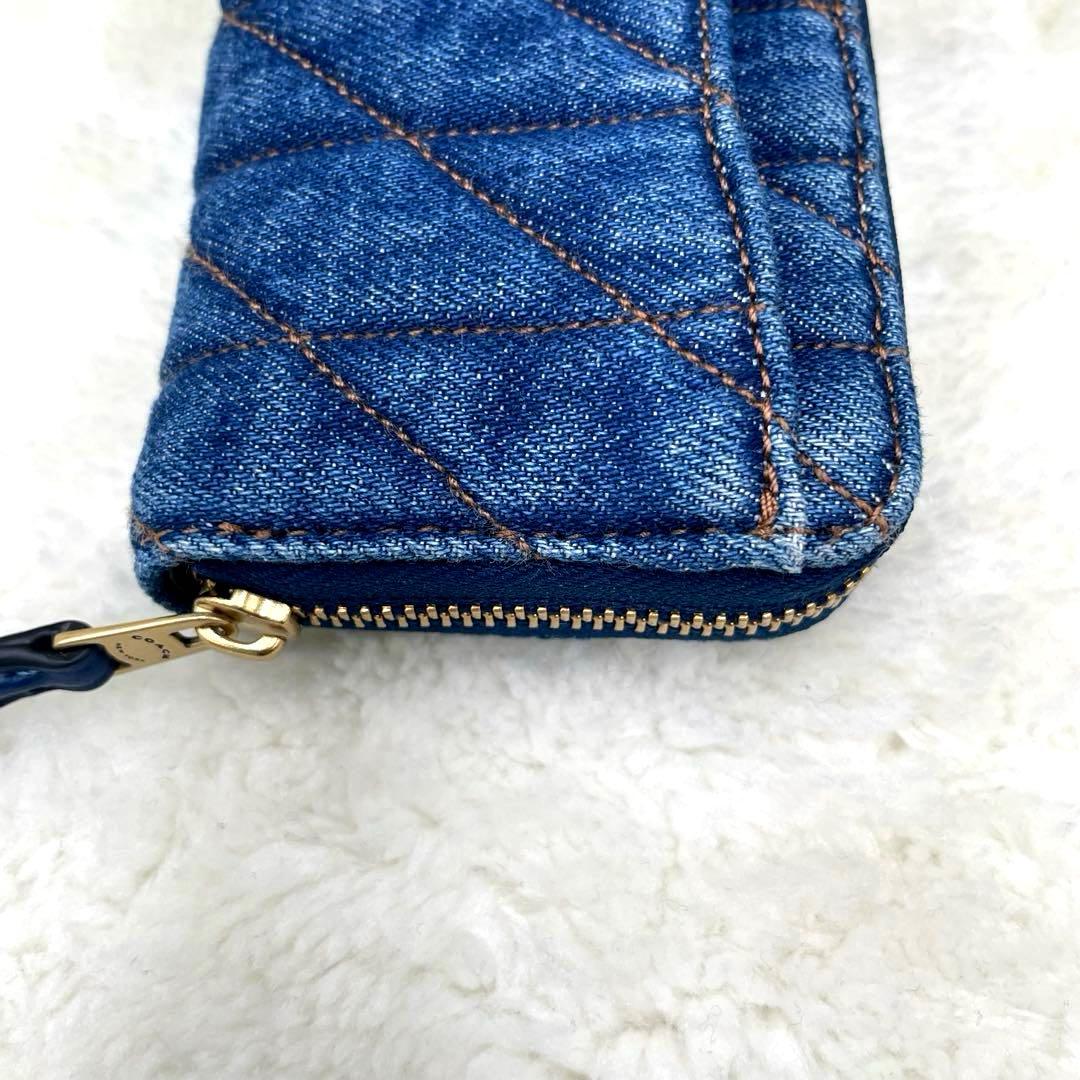美品 コーチ ケース 財布 デニム ラウンドファスナー キルティング
