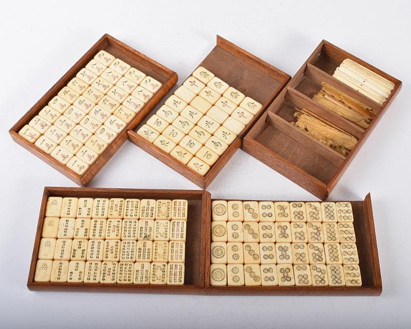 中国　竹嵌　骨牌　背竹牌　麻雀牌　木箱付　D　8693