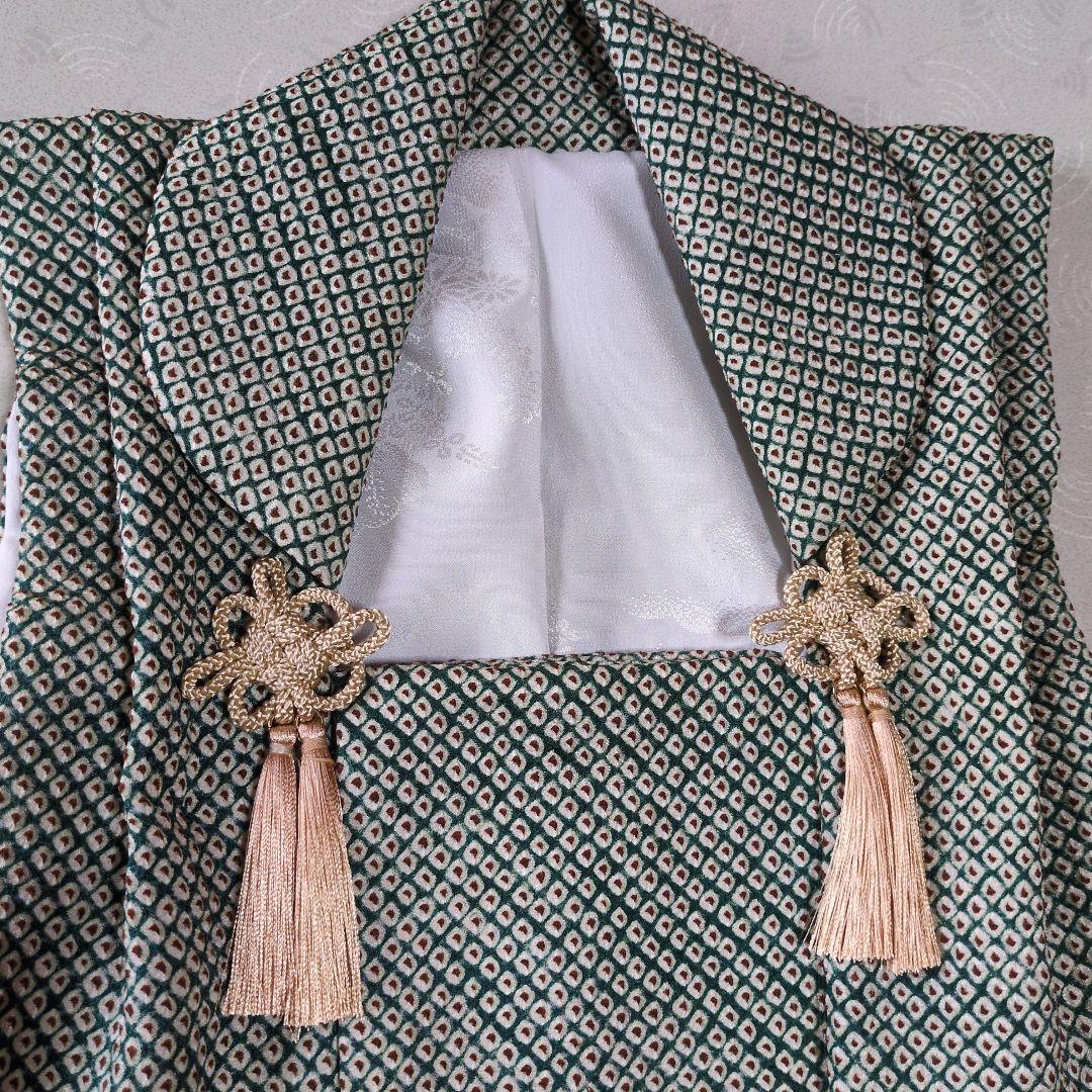 七五三３歳正絹総絞りの被布（モス・グリーン系）中綿無し