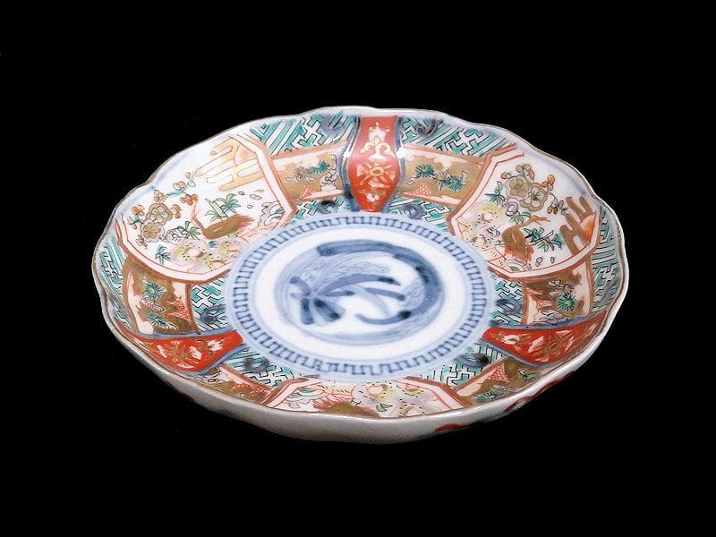 古伊万里　金襴手　鶴に松竹梅の図　４寸皿　２枚　E355AS-CBq