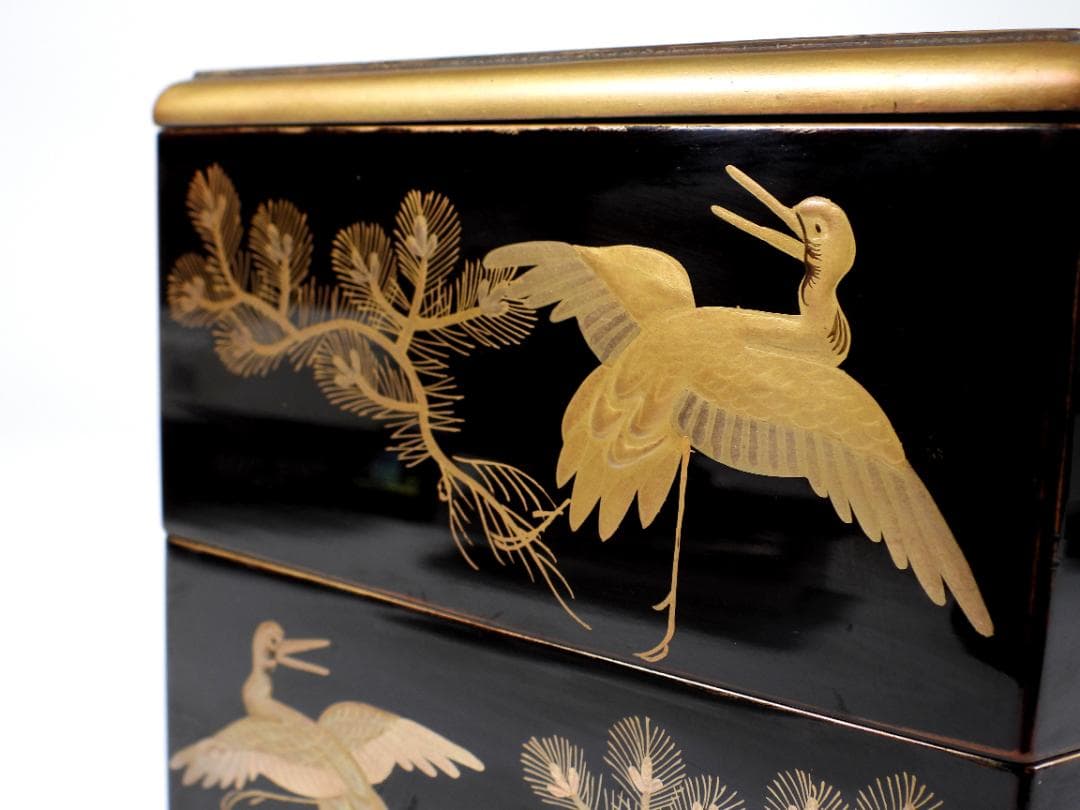 能登輪島塗 豪華金彩蒔絵 三重提箱 木製漆器 『坂井』 蒔絵飛鶴図