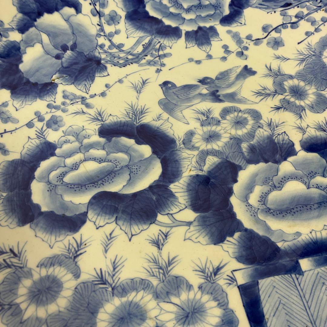 染付大皿　花鳥文様　約54cm（一尺8寸）　藍青色　磁器皿　時代物