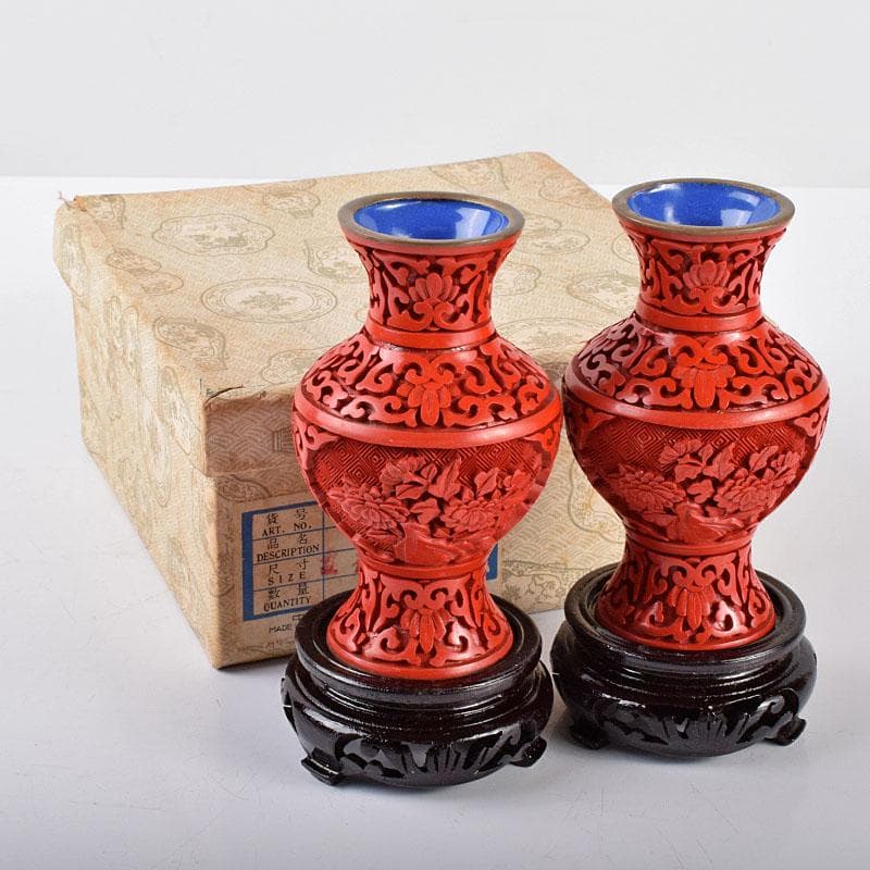 中国　剔紅　堆朱　内七宝　花文瓶　唐木台付　一對　M　R5751