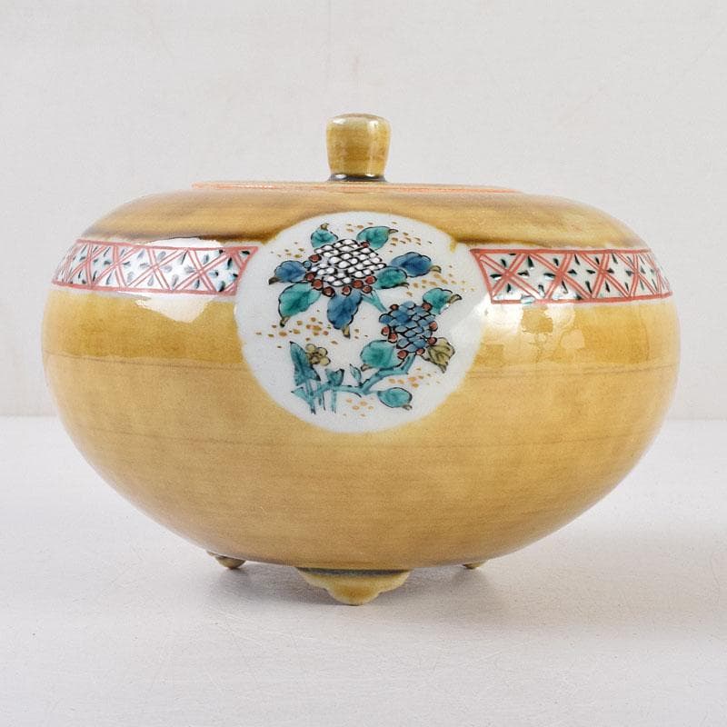 九谷焼　秋塘陶園　中村翠恒作　色絵　丸花文　透かし蓋　香炉　共箱　C　R9250