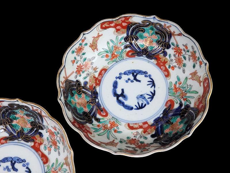 古伊万里　金襴手　兎に花の図　膾皿　２客　B338AS-CVa