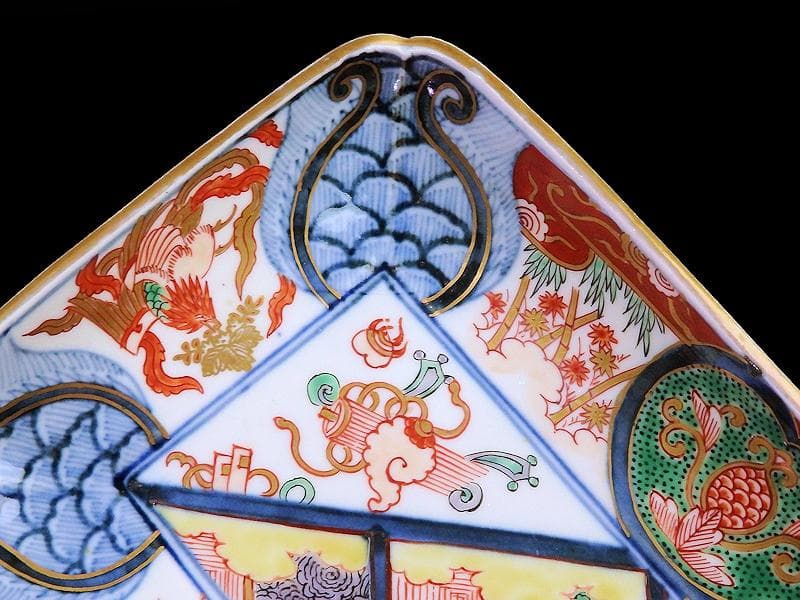 大聖寺伊万里　金襴手　宝尽くしに鳳凰　石畳紋の図　長皿　1296AS-DBn