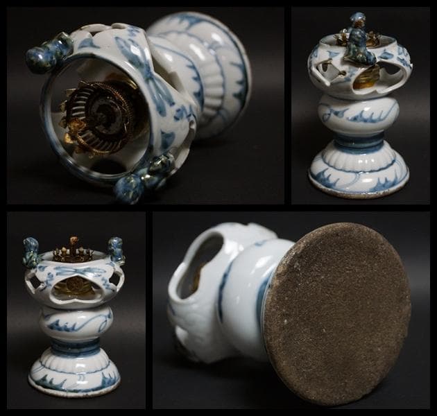 古伊万里 染付『唐草文』透かし彫り 油灯 オイルランプ 獅子双耳★時代物★