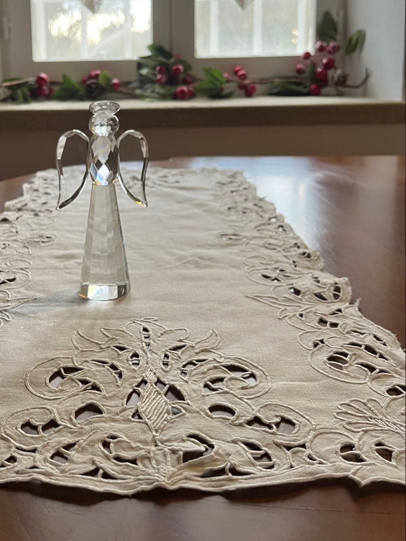 ◆フランスアンティーク｜超希少未使用手刺繍テーブルセンタークロス長方形長い白