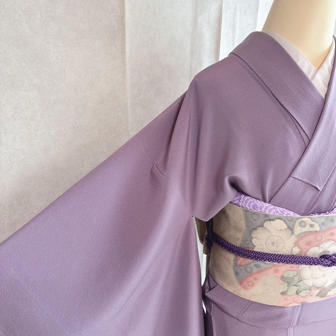 色無地　フルセット　着物　正絹　辻ヶ花の帯　しつけ糸つき　ロング丈　紫　J9